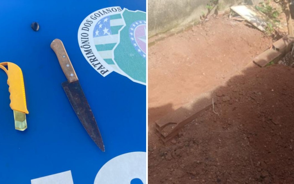 Foto mostra estilete e faca encontrados na casa da suspeita de tentar matar grávida, e também a cova que ela teria aberto, em Goianira, Goiás — Foto: Reprodução/Polícia Militar