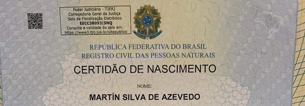 Certidão de Nascimento de Martín Silva de Azevedo, filho de Lucas Silva — Foto: Reprodução: Gabriel Andrade