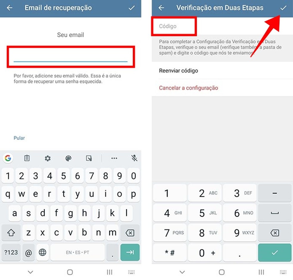 Defina um e-mail de recuperação para a senha do Telegram — Foto: Reprodução/Paulo Alves