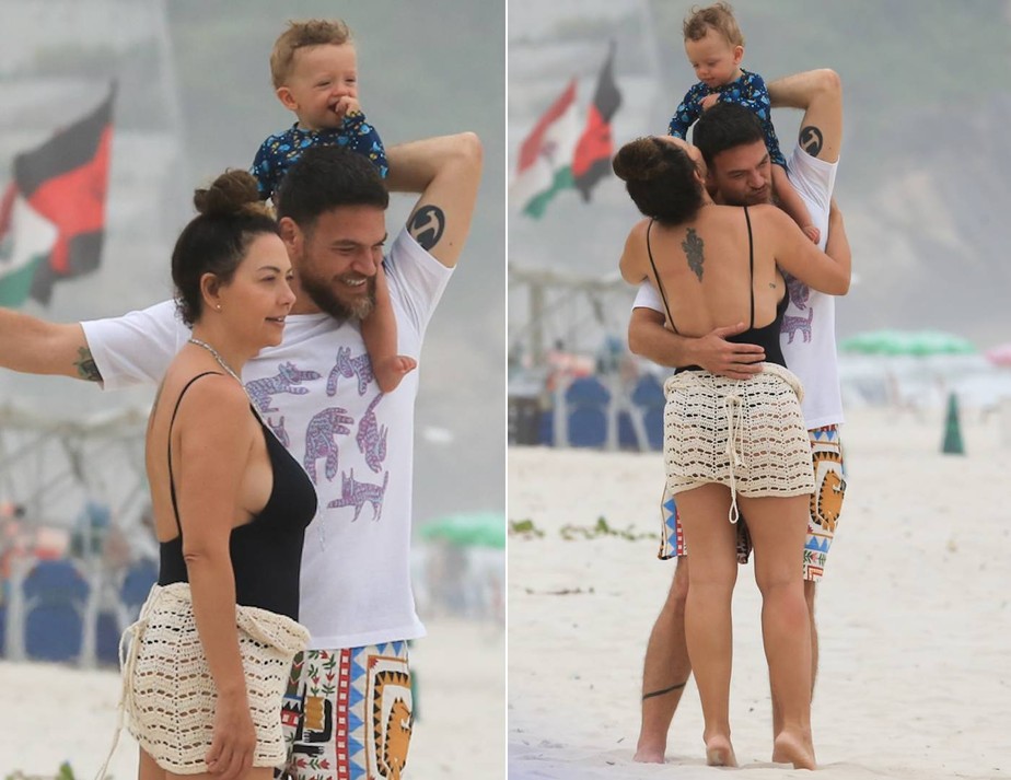 Fabiula Nascimento e Emílio Dantas curtem dia de praia com os gêmeos