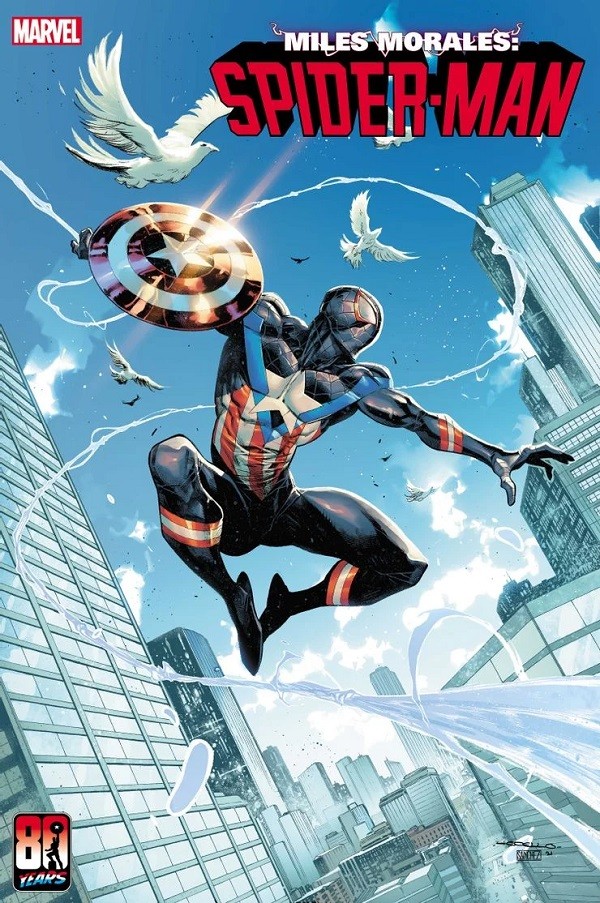 A capa de Homem-Aranha com o personagem com uniforme inspirado na vestimenta do Capitão América em homenagem aos 80 anos do líder dos Vingadores (Foto: Divulgação)