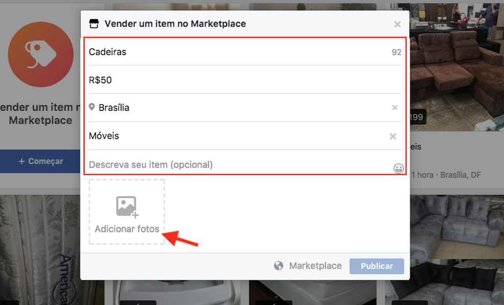 Tela para inserir dados em um anúncio de venda no Facebook Marketplace (Foto: Reprodução/Marvin Costa)