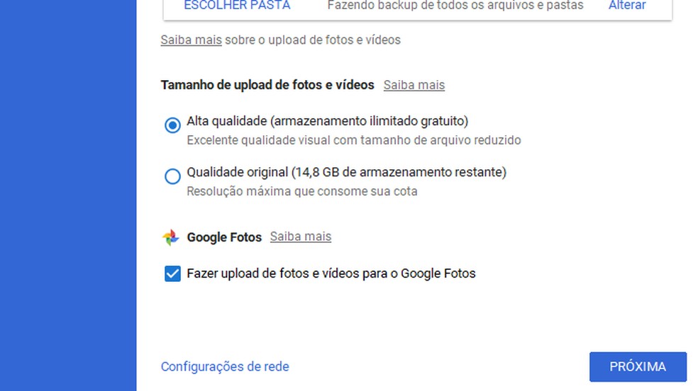 Ative o Google Fotos no Backup&Sync para salvar mídia do PC na nuvem — Foto: Reprodução/Paulo Alves