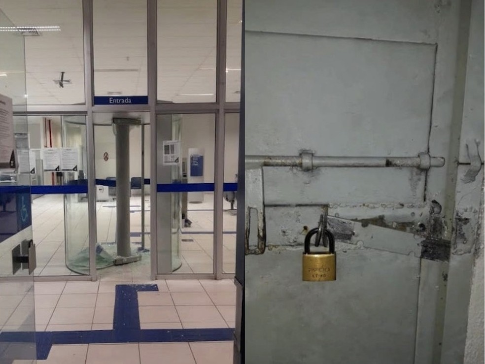 Porta giratória e porta na lateral do prédio da agência da Caixa Econômica Federal foram arrombadas, em Teresina — Foto: Polícia Militar