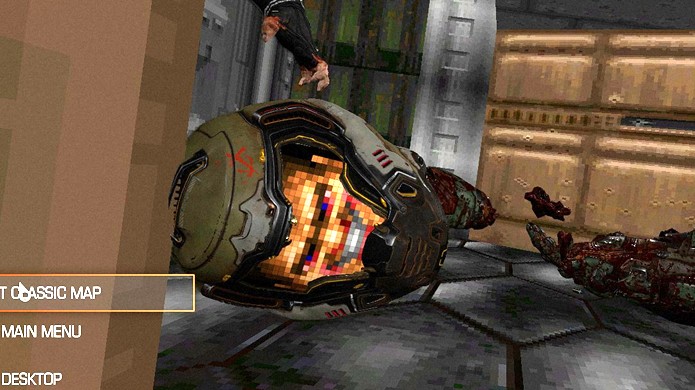 Rosto do Doom Guy clássico pode ser visto ao morrer dentro dos corredores nostálgicos do novo Doom (Foto: Reprodução/GameRanx)