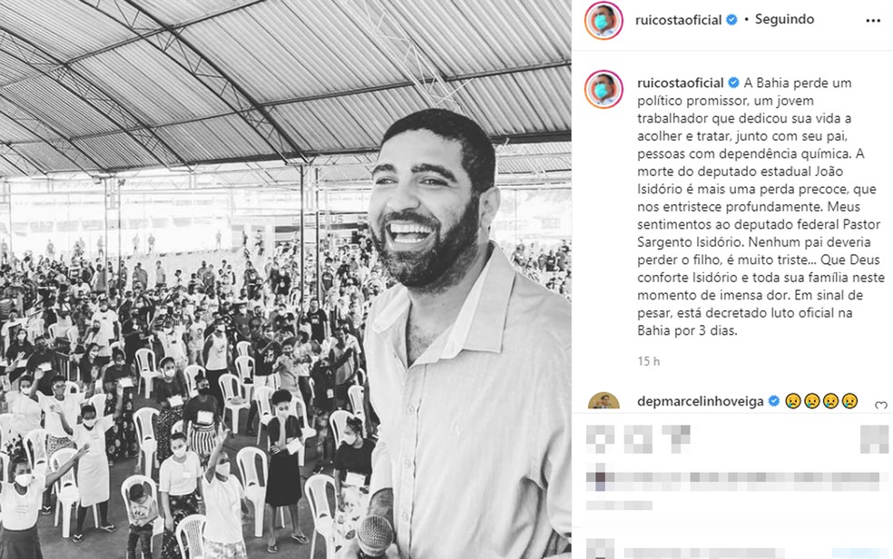 Governador da Bahia, Rui Costa, decretou luto de três dias no estado e lamentou morte através das redes sociais — Foto: Reprodução/Redes Sociais