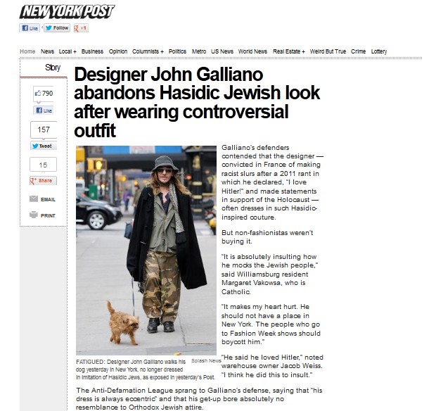 Já no dia seguinte ao desfile, Galliano foi clicado com look menos polêmico durante passeio com seu animal de estimação (Foto: Reprodução/New York Post )
