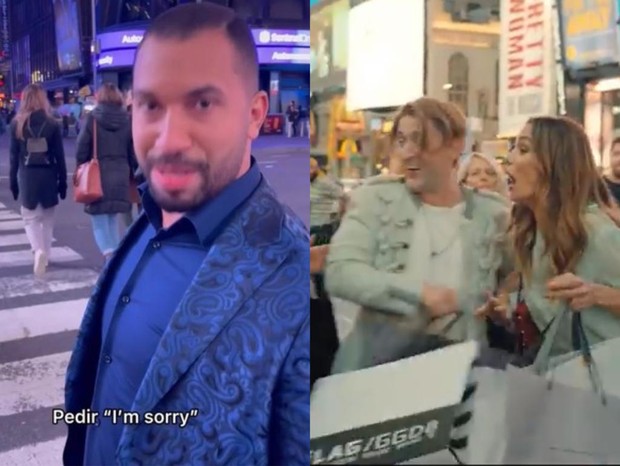 Em NY, Gil do Vigor reproduz cena de Paulo Gustavo e esbarra em alguém para dizer Sorry (Foto: Instagram/Reprodução)