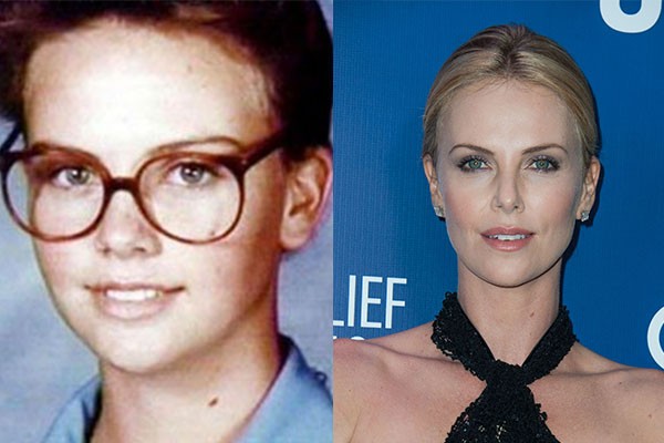 Olhando bem, Charlize Theron não mudou muito desde sua adolescência, mas podemos ver que um óculos e maquiagem podem fazer muita diferença. (Foto: Reprodução e Getty Images)