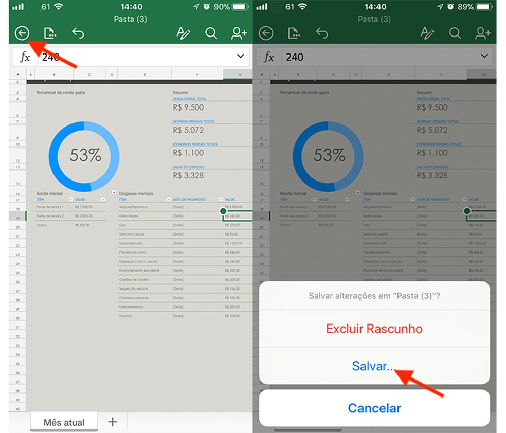 Opção para salvar edições de uma planilha de gastos no aplicativo Microsoft Excel (Foto: Reprodução/Marvin Costa)