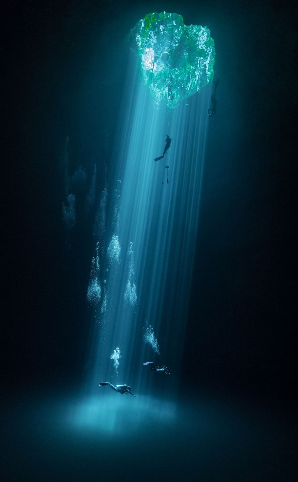 Mergulhadores em uma massa de água doce conhecida no México como Cenotes. — Foto: Joram Mennes / TNC Photo Contest 2021