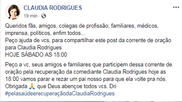 Claudia Rodrigues: corrente de oração (Foto: Reprodução Facebook)