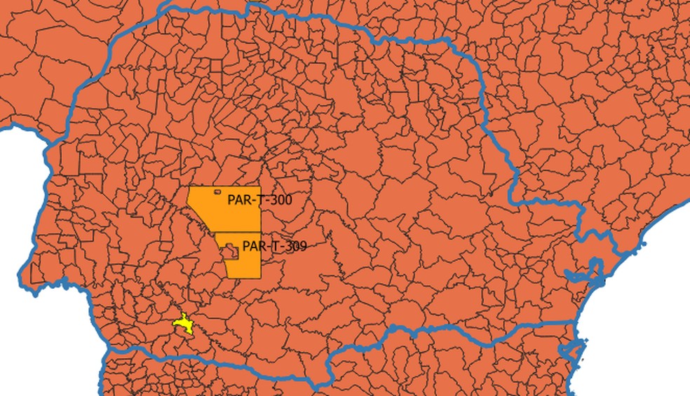 No Paraná, existem apenas dois blocos de exploração e estão com as atividades suspensas. Em amarelo, está identificado a cidade de Itapejara D'Oeste, onde a família Maciel encontrou petróleo, mas não há exploração no local. — Foto: ANP/Divulgação