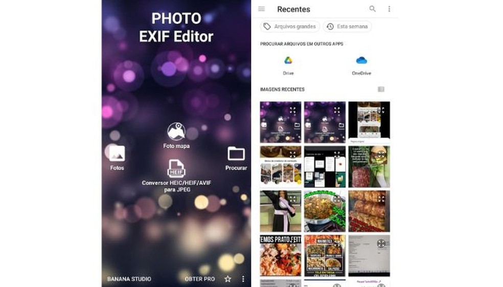 Tela inicial e tela de busca do Photo EXIF Editor para Android, que conta com versão Premium sem anúncios por R$ 9,49. — Foto: Reprodução/Júlio César Gonsalves
