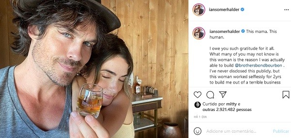 O post do ator Ian Somerhalder com sua declaração de amor para a esposa, a atriz Nikki Reed (Foto: Instagram)