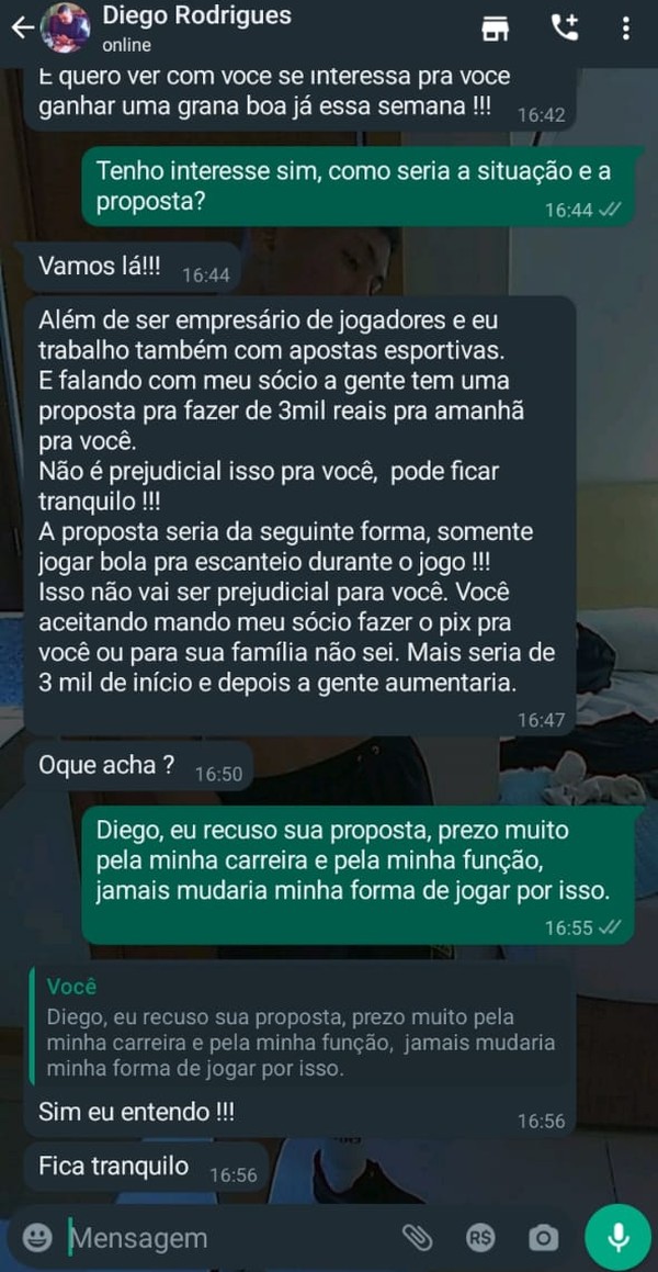 Conversa entre apostador e jogador do Real Ariquemes — Foto: Reprodução