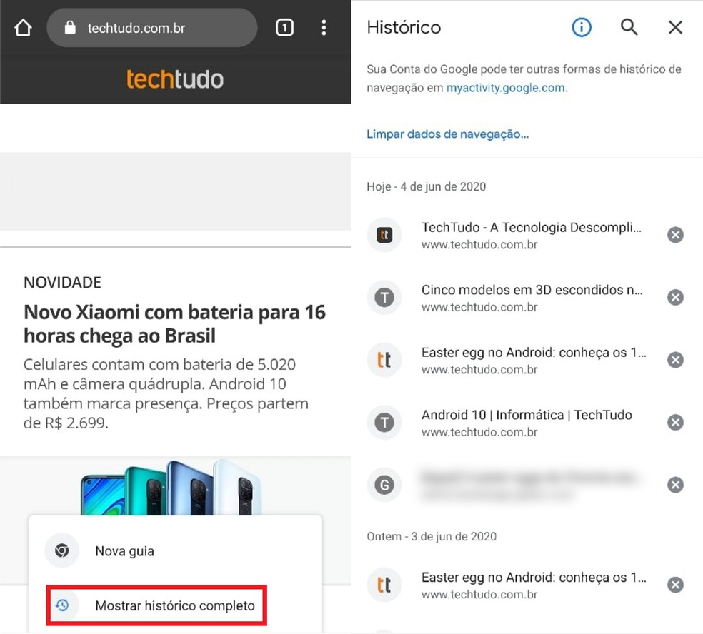 É possível acessar o histórico do Chrome ao tocar no botão de voltar do smartphone — Foto: Reprodução/Clara Fabro