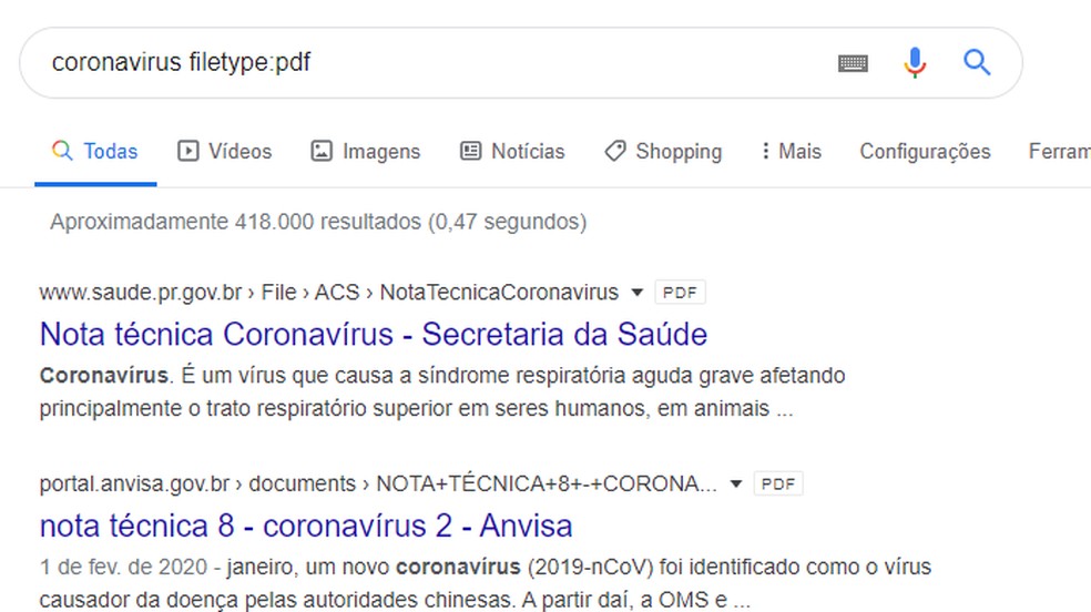 Use "filetype" para encontrar PDFs e outros tipos de arquivos específicos no Google — Foto: Reprodução/Paulo Alves