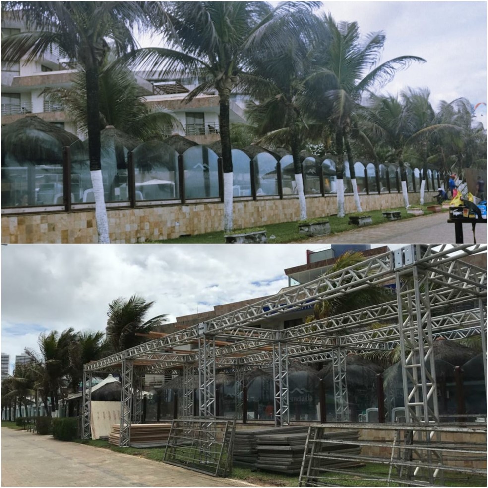 Imagens mostram antes e depois da retirada de coqueiros em frente a hotel de Natal. — Foto: Cedida/Cleildo Azevedo