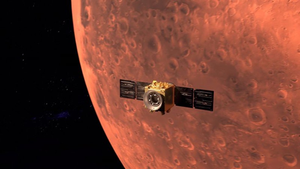 A Hope, missão enviada pelos Emirados Árabes Unidos, entrou na órbita de Marte na última terça-feira — Foto: MBRSC via BBC