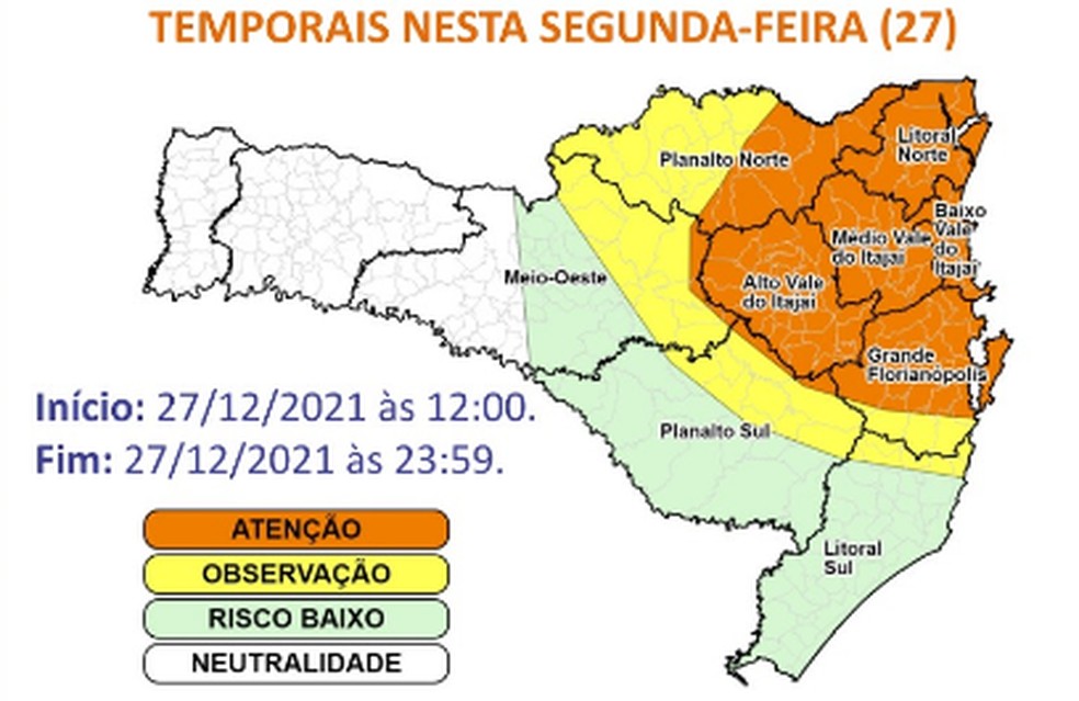 Chance de temporais isolados em regiões do mapa nesta segunda-feira (27) — Foto: Defesa Civil
