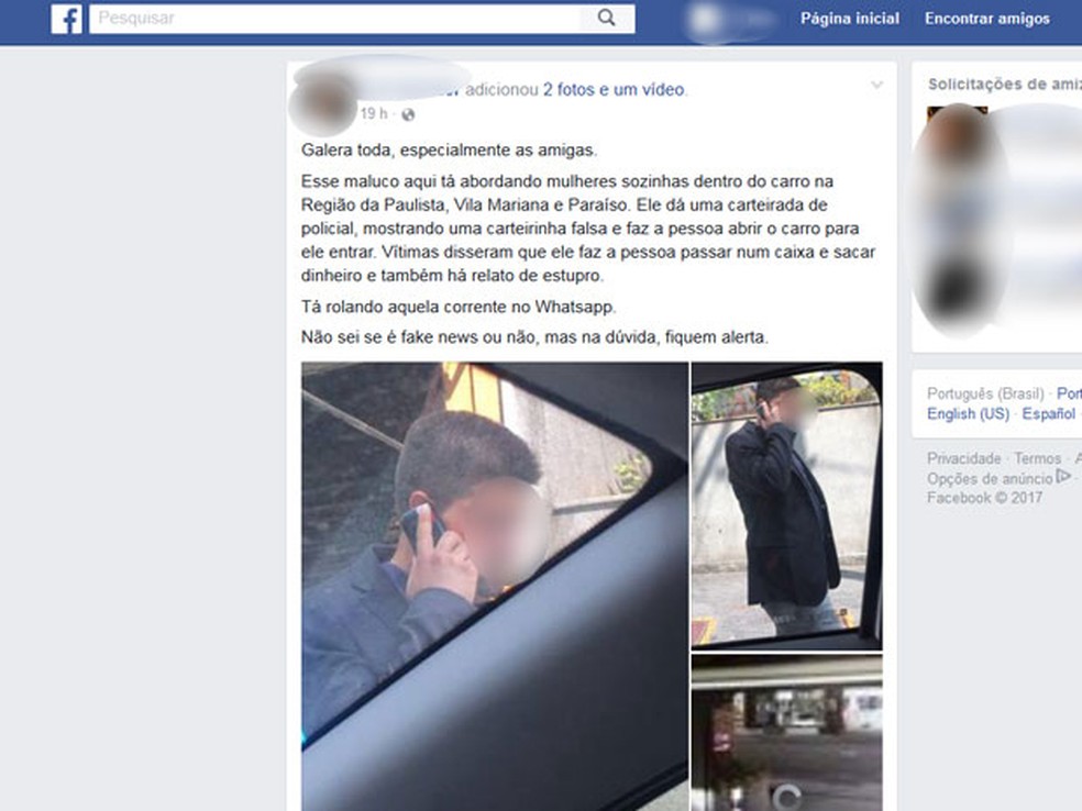 Suspeito de estupro preso pela polícia teve fotos divulgadas antes nas redes sociais — Foto: Reprodução/Facebook