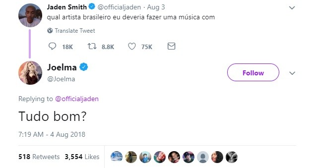 Joelma é indicada por fãs para fazer música com Jaden Smith (Foto: Reprodução/ Twitter)
