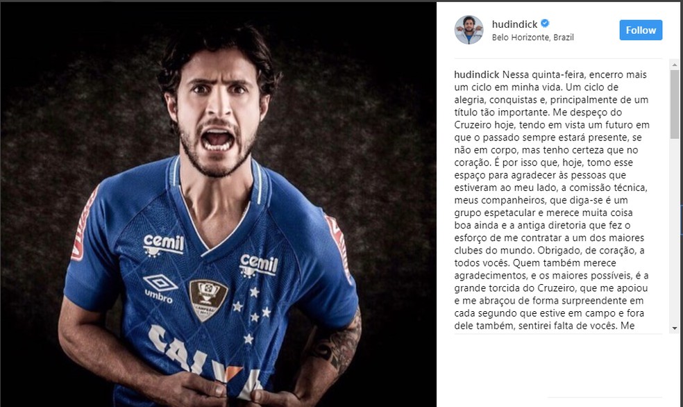 Hudson usa rede social para anunciar saída do Cruzeiro (Foto: Reprodução/Instagram)