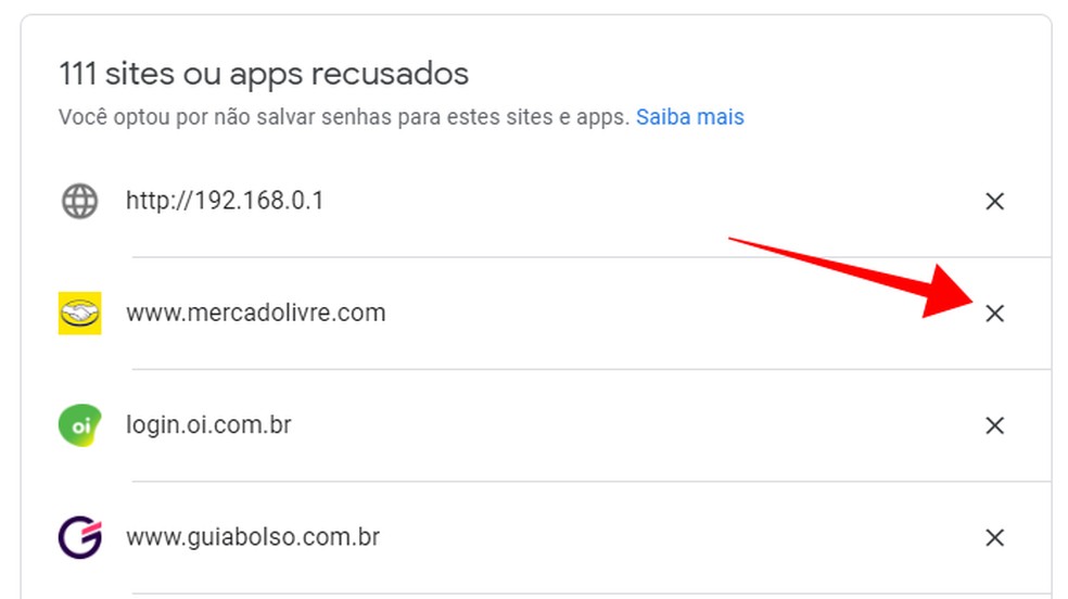 Removendo sites da lista de recusados para poder voltar a salvar senhas no Google — Foto: Reprodução/Paulo Alves