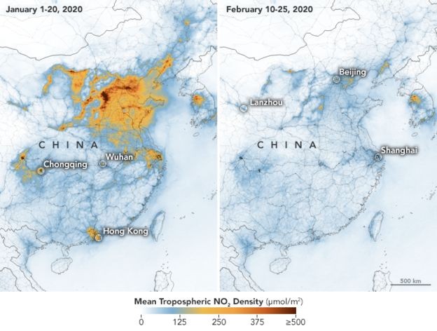 Mapa divulgado pela Nasa mostra como os níveis de poluição do ar caíram na China neste ano (Foto: NASA)