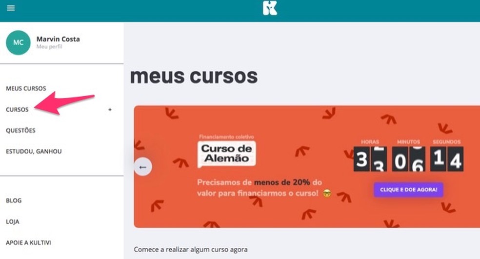 Ação para visualizar a página de cursos do site Kultivi — Foto: Reprodução/Marvin Costa