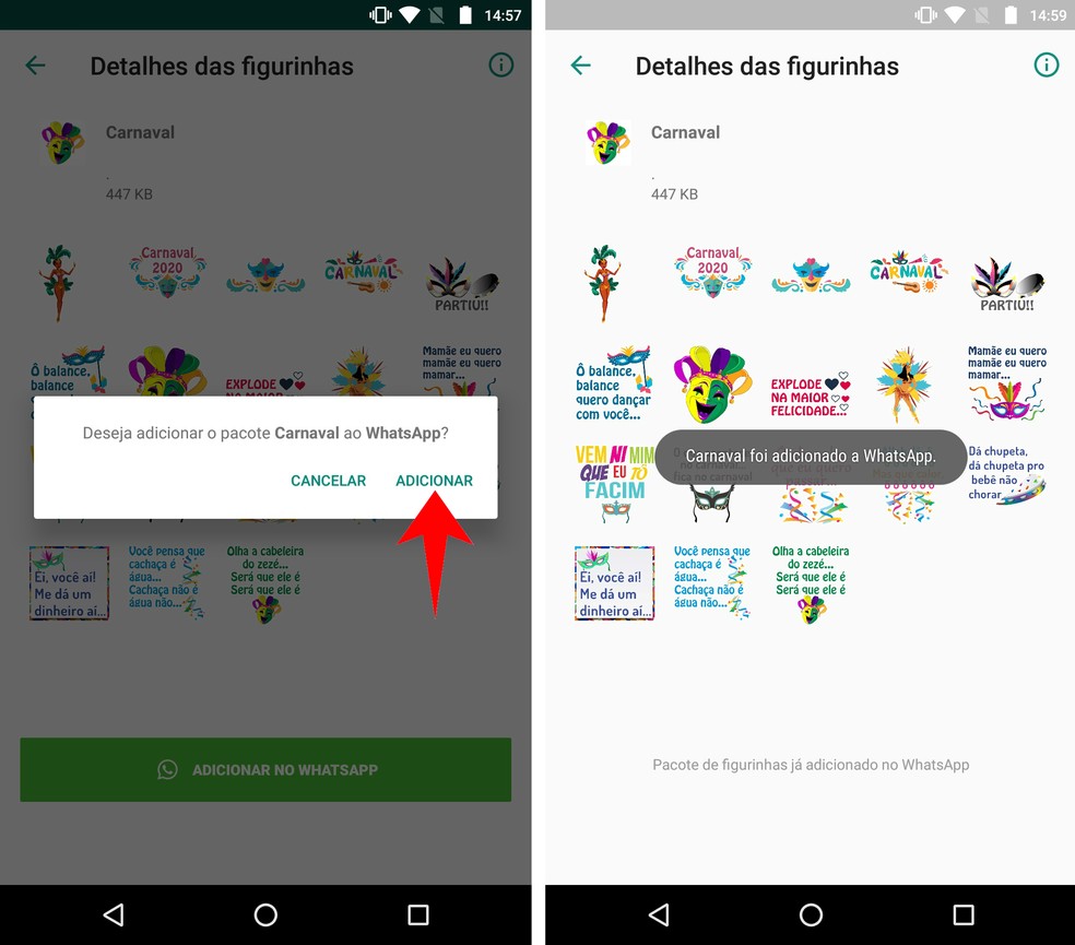 Pacote com figurinhas de carnaval é instalado no WhatsApp de maneira fácil — Foto: Reprodução/Rodrigo Fernandes