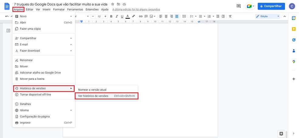 Recupere versões anteriores de um documento no Google Docs — Foto: Reprodução/Caroline Silvestre