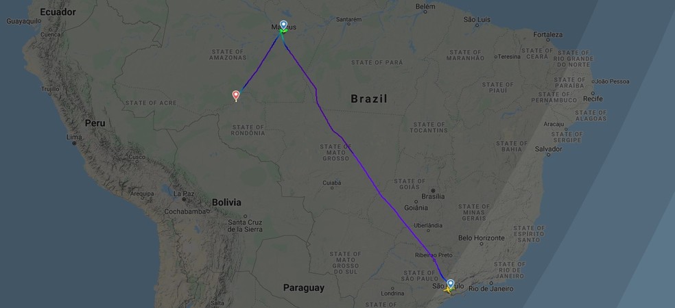 Voo da Latam, que saiu de Guarulhos, foi desviado a Porto Velho após neblina em Manaus — Foto: Flightradar24/Reprodução
