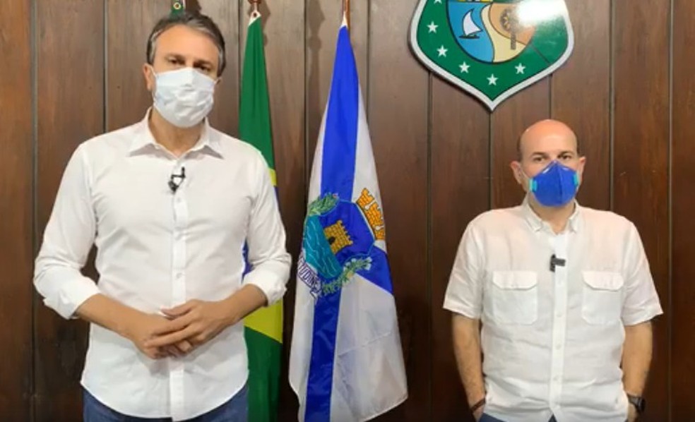 Governador Camilo Santana e o prefeito Roberto Cláudio durante anúncio de novas medidas de combate ao coronavírus no Ceará. — Foto: Reprodução