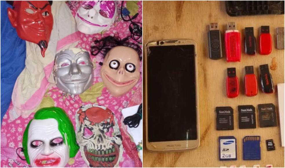 Polícia Federal apreendeu máscaras de personagens, um aparelho celular e equipamentos de armazenamento na casa de suspeito de compartilhar pornografia infantil na internet. — Foto: Polícia Federal/ Divulgação