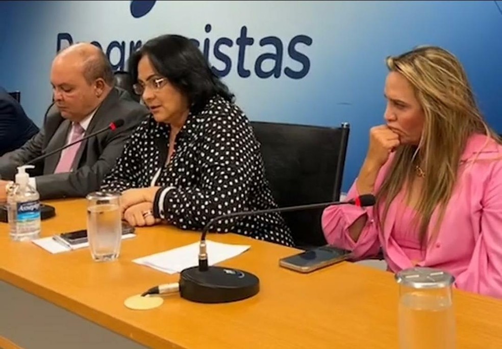 Ibaneis Rocha, Damares Alves e Celina Leão anunciam pré-candidatura na sede do Partido Progressista (PP) — Foto: Rede social/Reprodução