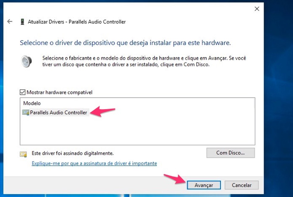 Ação para iniciar a instalação de um driver compatível para a placa de áudio de um computador — Foto: Reprodução/Marvin Costa