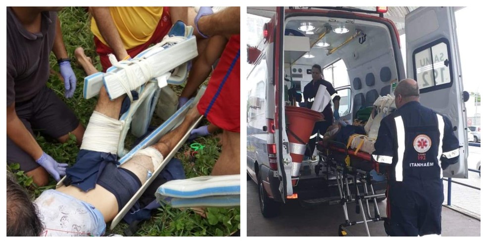 Vítima teve fratura nas duas pernas e foi socorrida pelo Samu em Itanhaém, SP — Foto: Reprodução/Top Litoral