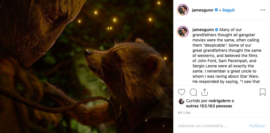 O post de James Gunn rebatendo as críticas de Francis Ford Coppola aos filmes da Marvel (Foto: Instagram)