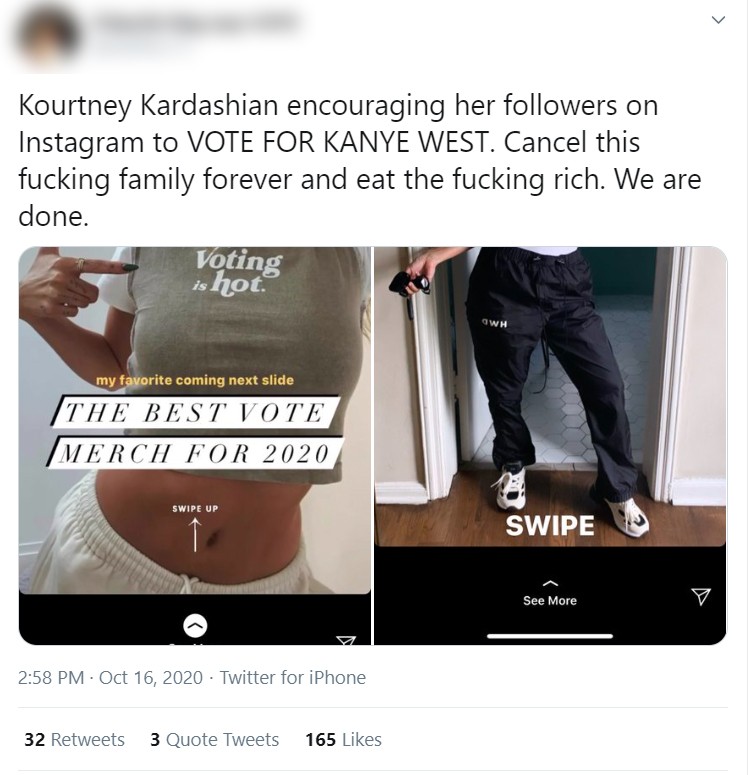 Kourtney Kardashian é criticada após manifestar seu apoio a Kanye West em campanha presidencial de 2020 (Foto: Reprodução / Twitter)