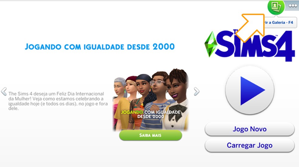 Abra sua galeria em The Sims 4 ao clicar no ícone que fica na parte superior direta — Foto: Reprodução/Rafael Monteiro