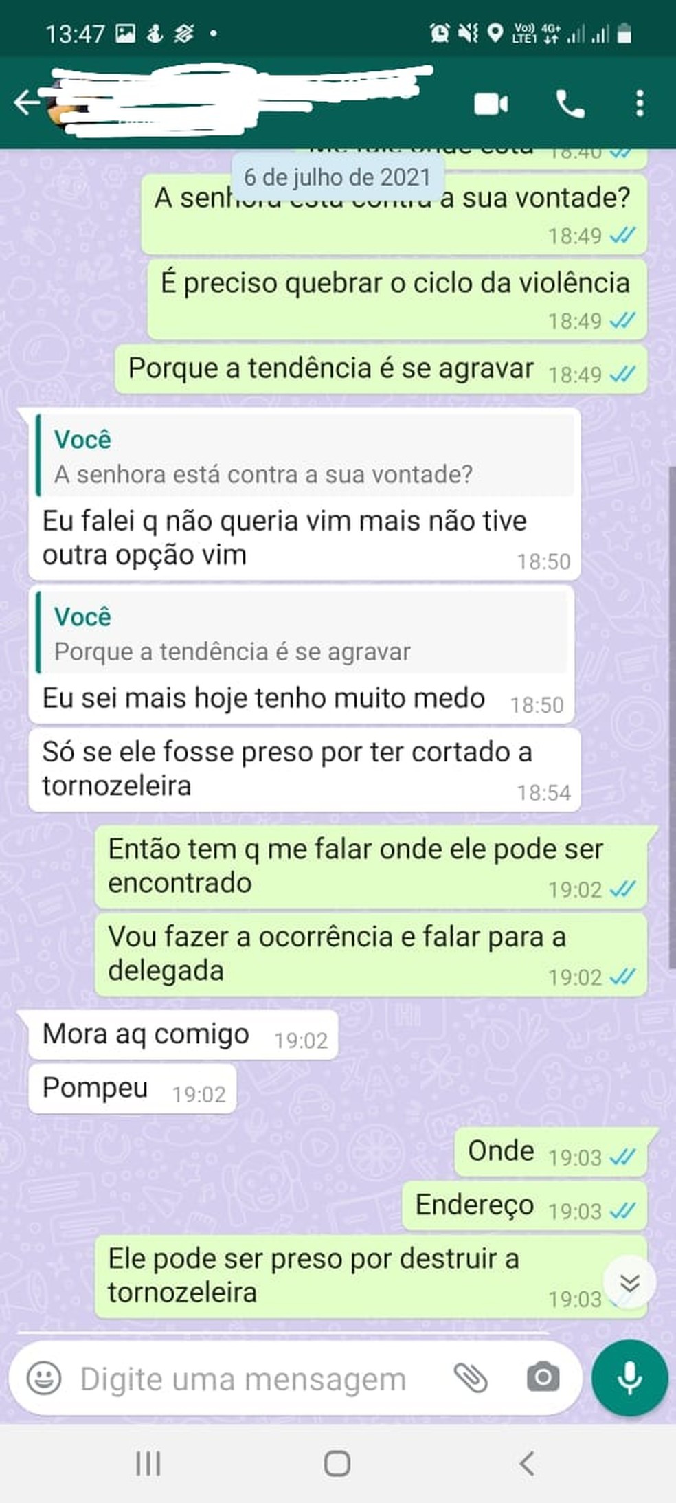 Imagem da conversa entre a vítima mantida em cárcere privado em Pompéu e a policial civil — Foto: Polícia Civil de MG/ Divulgação