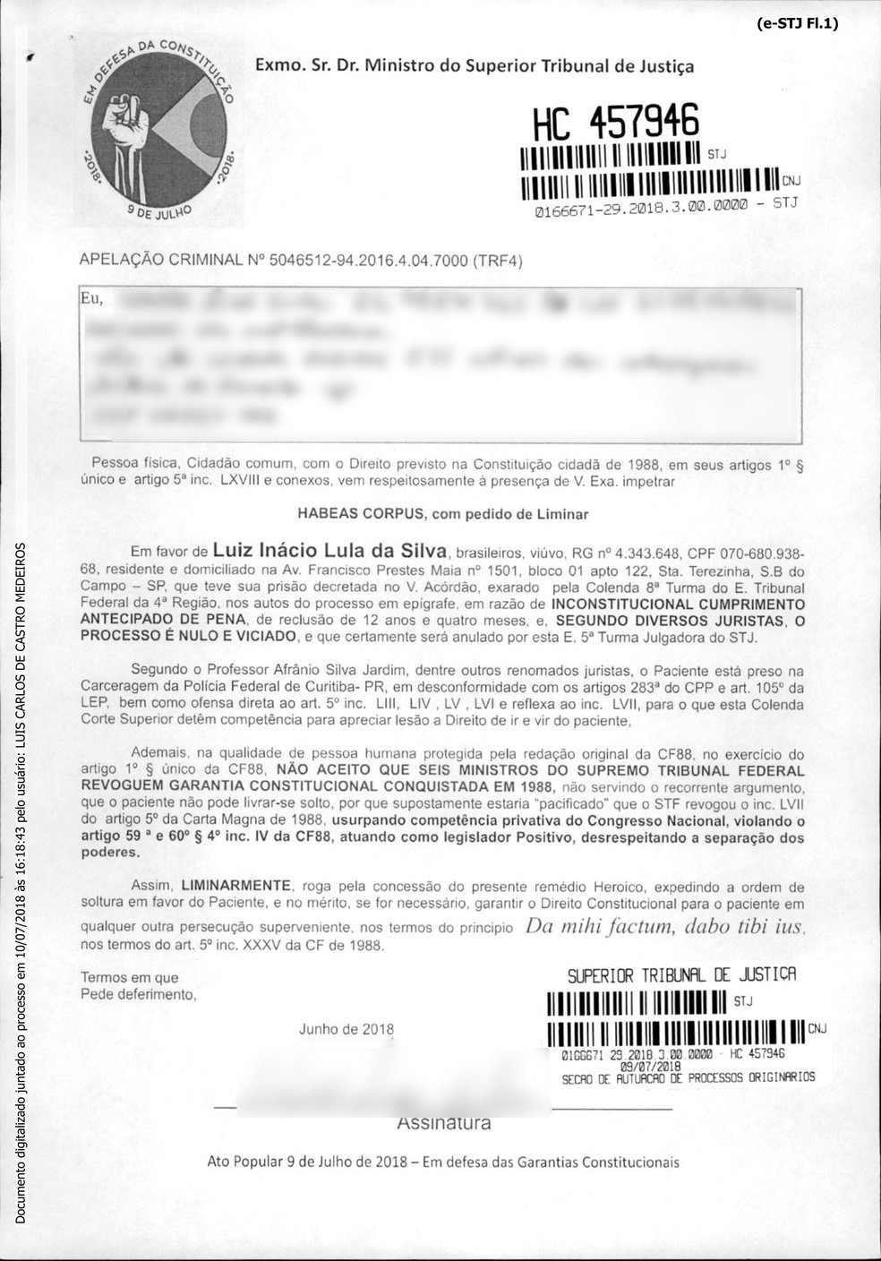 Reprodução de formulário-padrão utilizado por cidadão para impetrar habeas corpus em favor do ex-presidente Luiz Inácio Lula da Silva (Foto: Reprodução)