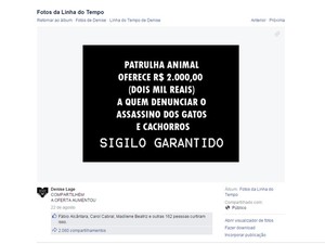 Postagem nas redes sociais anuncia a recompensa para informações em São Lourenço (Foto: Reprodução/ EPTV)