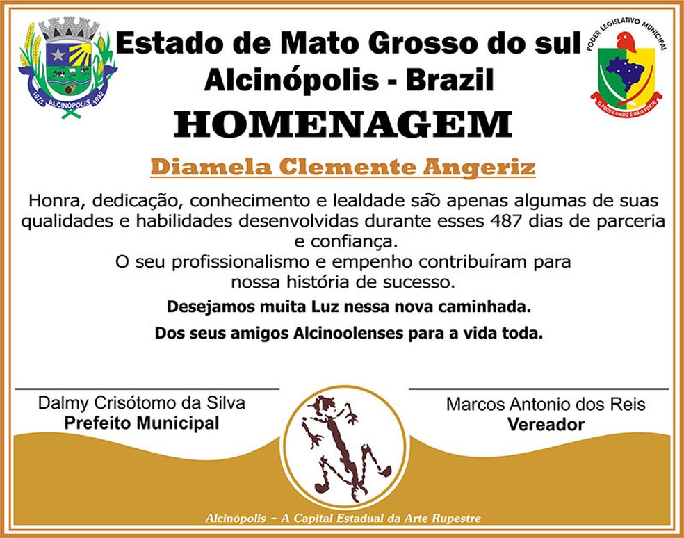 Homenagem da Câmara Municipal de Alcinópolis à médica cubana que atendia na UBSF: "Dos seus amigos para a vida toda" — Foto: Vereador Marcão/Arquivo pessoal 