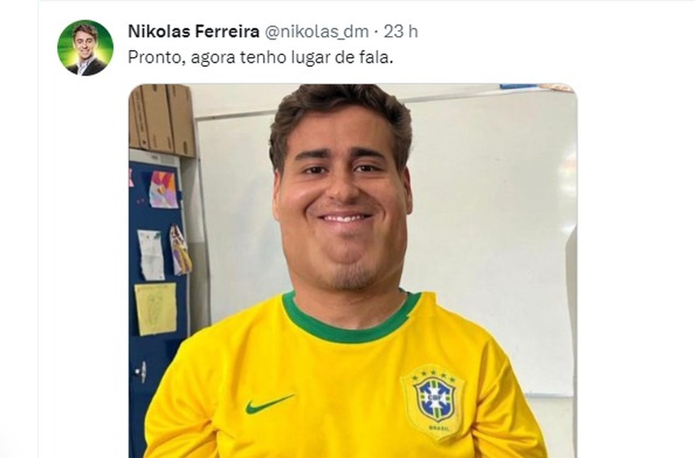Nikolas postou uma foto montada em que simulou os próprios rosto e corpo gordos. — Foto: Reprodução/Redes Sociais