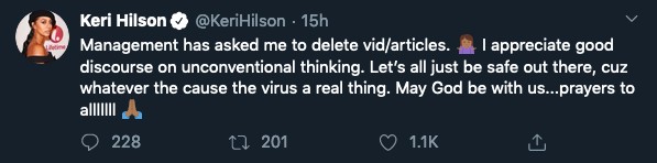 O post da cantora Keri Hilson explicando ter apagado seus posts que apontavam uma relação entre o coronavírus e o 5G (Foto: Twitter)