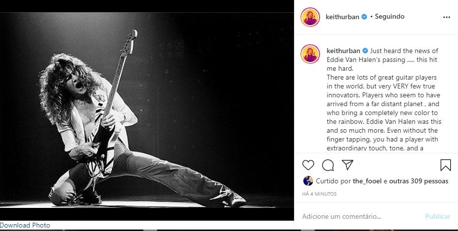 Keith Urban  faz homenagem a Eddie Van Halen (Foto: Reprodução Instagram)