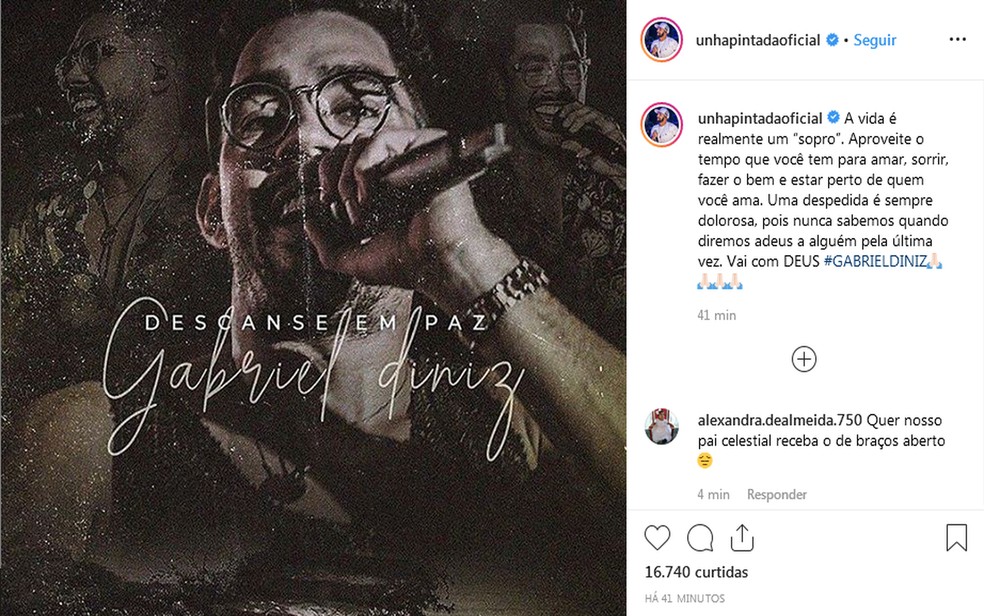 Cantor Unha Pintada escreve nas redes sociais sobre a morte de Gabriel Diniz — Foto: Reprodução/Redes sociais